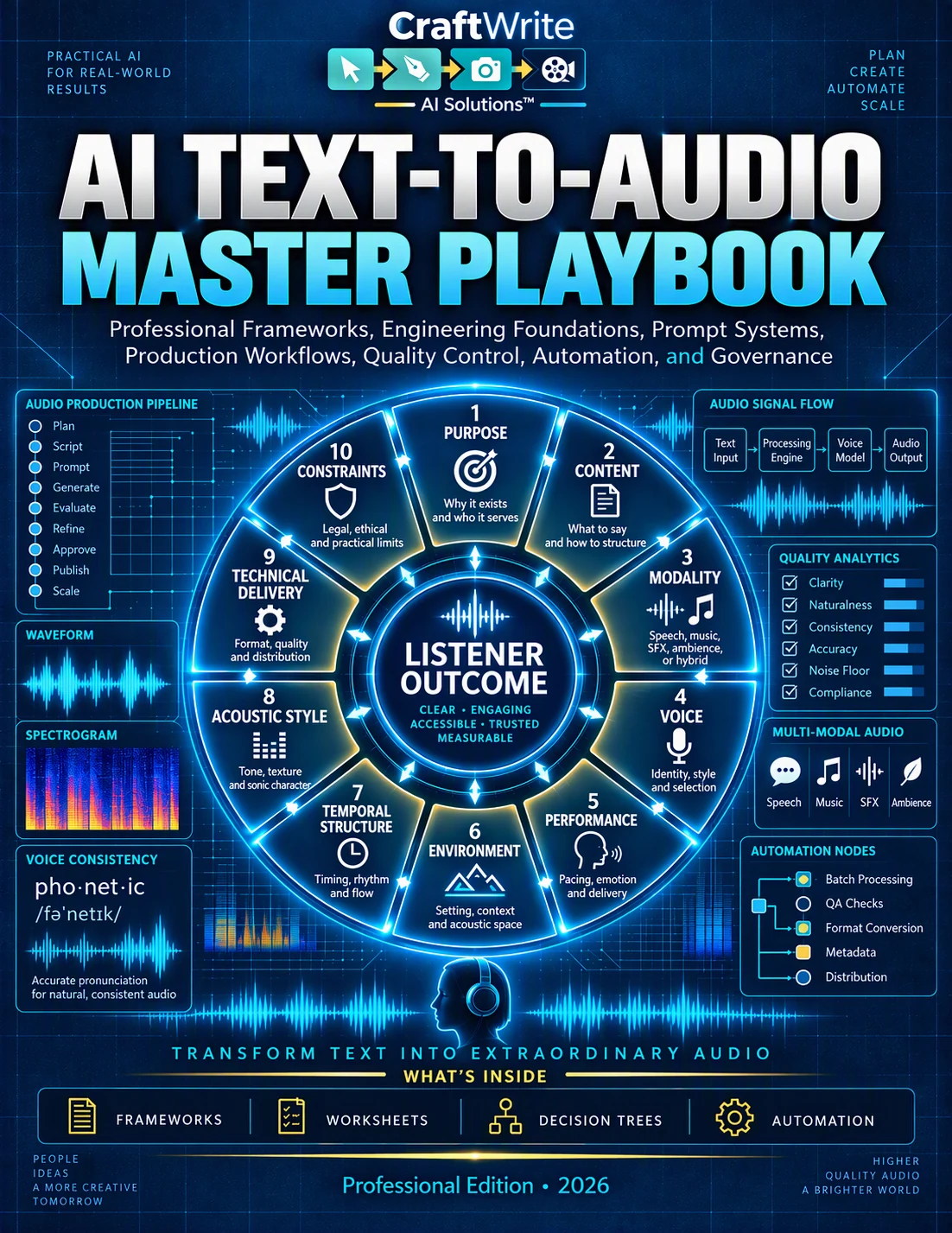 AI Text-to-Audio Master Playbook reference card illustrating the production workflow, audio modalities, quality checks, and responsible AI guidance